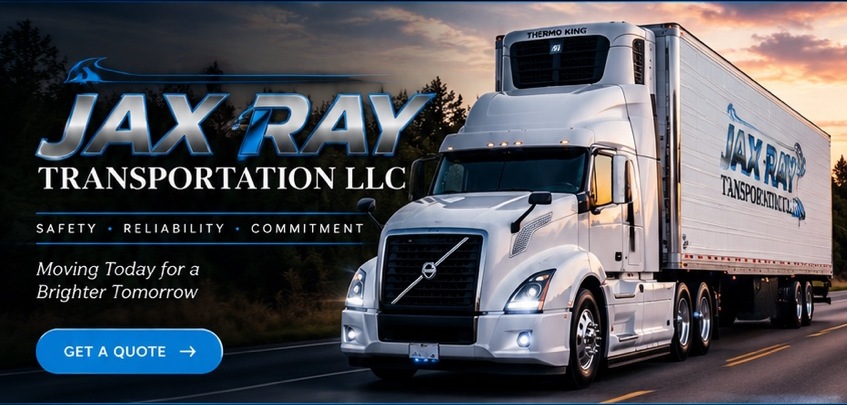 Jax Ray Transportation LLC refrigerated Volvo truck and company branding